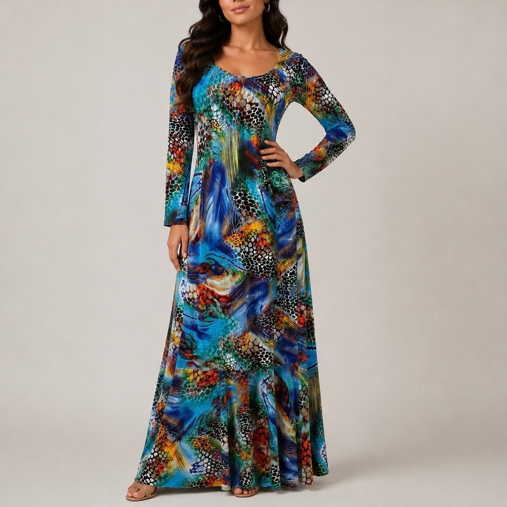 Vintage 90s Sexy Diva Multi‎ Color Abstract Animal Print Maxi Dress M Eclectic
